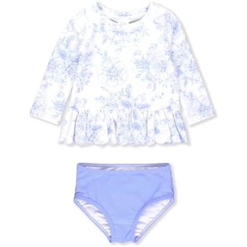RuffleButts Baby/Toddler Girls Scalloped Long Sleeve Rash Guard 2-Piece UPF50+ Sun Protected Swimsuit
