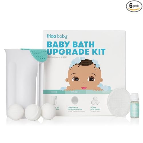 Frida Baby Baby Bath Upgrade Kit | Infant and Toddler Bath Essentials, Rinser Cup, Baby Bath Silicone Brush, Bath Bombs, Essential Oil Vapor Drops, white