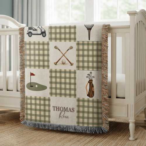Personalized Golf Baby Blanket With Name, Green Plaid Nursery Decor, Custom Newborn Throw, Baby Shower Gift Woven Fringe Keepsake Golfer Boy