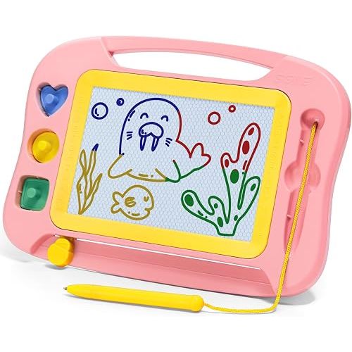SGILE Magnetic Drawing Board for Kids, Toddlers Toys for 1 2 3 4 Year Old, Etch & Sketch Pad with 4 Stamps, Learning and Educational Toys for Boys Girls Gift, 25 x 18 CM (10 × 7 in), Soft Pink