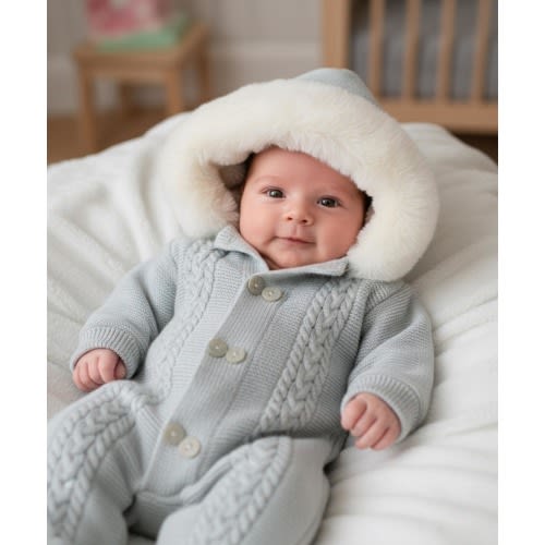 Blue Knit Baby Boy Romper, Winter Pramsuit with Faux Fur Hood, Coming Home Outfit