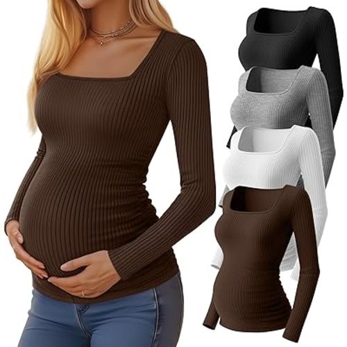 Huukeay 4 Pack Women's Maternity Shirts Cotton Ribbed Long Sleeve Square Neck Pregnancy Tunic Tops Side Ruched Basic Tee