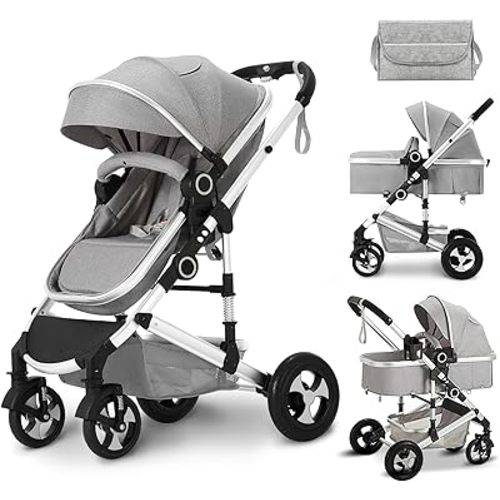 Kinder King 2 in 1 Convertible Baby Stroller, Folding High Landscape Infant Carriage, Newborn Reversible Pram, Adjustable Canopy, Diaper Bag, Anti-Shock Toddler Pushchair Stroller, Light Grey