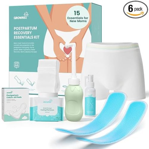 GROWNSY 15pc Postpartum Essentials Recovery Kit for Women, Green | Includes 5 Postpartum Pads, 5 Disposable Underwear, 2 Ice Packs, Peri Bottle, Perineal Spray & 28 Cooling Pad Liners