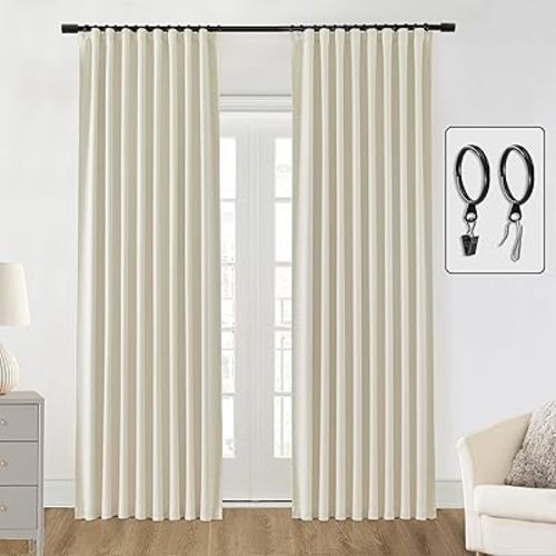SHINELAND Warm Beige Satin Polyester Curtains, Back Tab Ripple Fold Pleated Drapes with Hooks for Living Room Bedroom, 52 x 84 Inch Long, 2 Panels