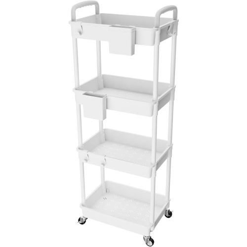 4 Tier Rolling Utility Cart with Handle,REBECAT Utility Cart Made of Multifunctional Storage Organizer Tool for Kitchen,Bathroom,Living Room,Office(White)