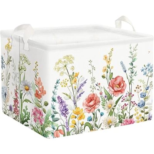 Clastyle 36L Wild Flower Plants Girls Storage Basket Spring Garden Daisy Rose Clothes Toy Nursery Bin Collapsible Rectangle Book Shelf Basket for Kids Room
