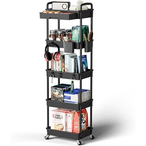 5 Tier Rolling Cart Organizer,Bathroom Cart Organizers with Wheels Laundry Room Organization Mobile Shelving Unit Utility Cart Storage Shelves Multi-Functional for Office, Home(Black)
