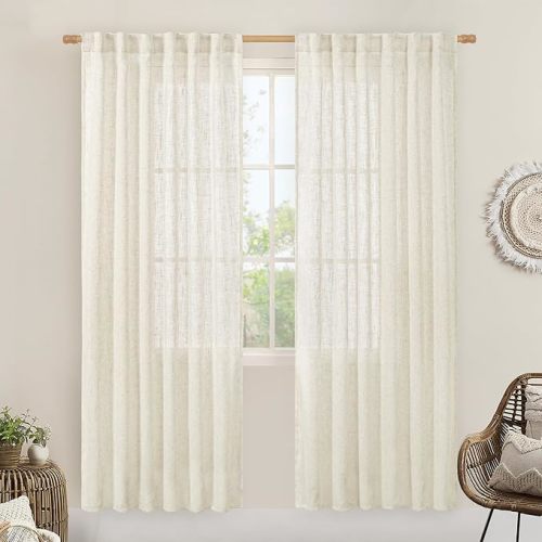 LAMIT Natural Linen Semi Sheer Curtains 80 Inch Length, Light Filtering Neutral Window Curtains Farmhouse Boho Back Tab and Rod Pocket Panels, Natural Cream Ivory, 2 Panels, 52 x 80 Inch