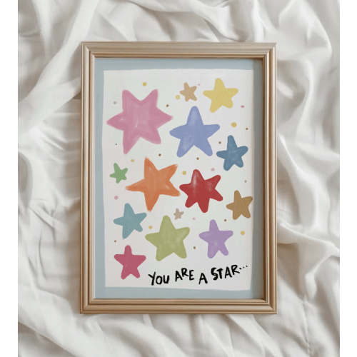Colorful Stars Art Print, You Are A Star Hand Drawn Funky Poster, Whimsical Kids Playroom Nursery Decor