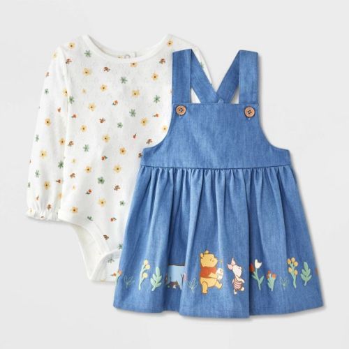 Baby Girls' 2pc Disney Winnie The Pooh Long Sleeve Bodysuit and Chambray Dress Set - 0-3M