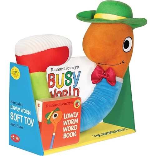 YOTTOY Richard Scarry Collection | Lowly Worm Bendable Soft Plush Toy with Board Book- 2 in 1 Set