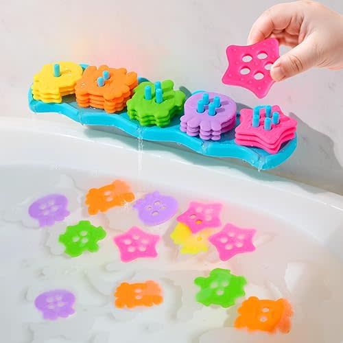 Baby Bath Toys for Kids Ages 1-3, Mold Free Bath Toys for Toddler 2-4 Educational Color Shape Sorter & Stacking with 20 Floating Pieces, Toddler Bathtub Toys with Mesh Bag for Girls Boys Gifts