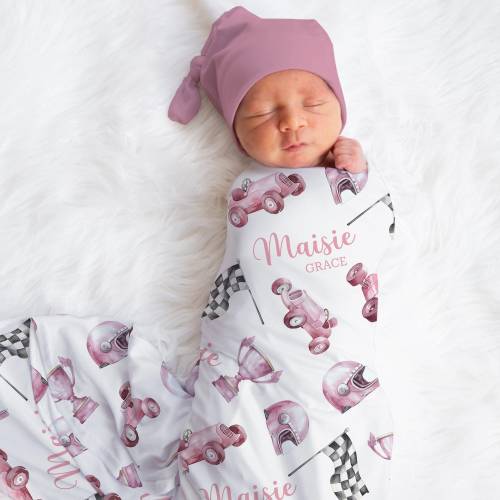 Personalized Pink Cars Swaddle Blanket Race Car Name Baby Blanket Cars Newborn Baby Girl Coming Home Outfit Baby Shower Gift