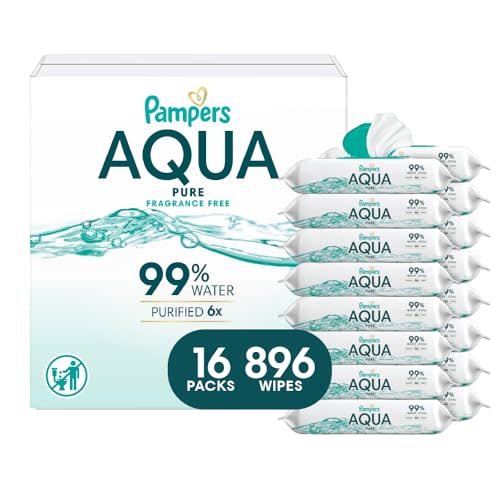 Pampers Aqua Pure Baby Wipes, 99% Water, Fragrance Free, 896 Baby Wipes Total (16X Flip-Top Packs) [Packaging May Vary]