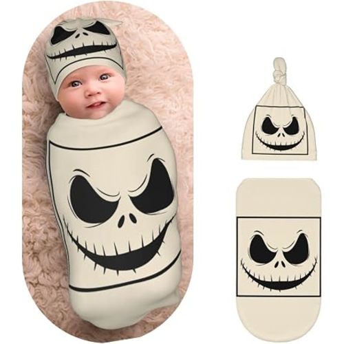 Halloween Black Skull Head Newborns Beanie Swaddle Blanket Set Baby Receiving Blankets for 0-6m Infant Boy Girl Swaddle Blankets Wrap Soft