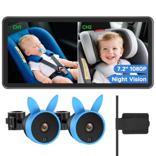 Babyvue BV3PRO Dual Baby Car Camera for 2 Boys, 7.2" 1080P HD Split Screen, Crystal Clear IR Night Vision, No Distortion Display Baby Car Monitor, Safe Driving for Back Seat & Pets