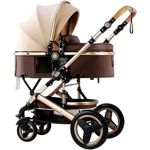 Luxury Baby Stroller 2 in 1 with Bassinet Mode Foldable Infant Stroller High Landscape Reversible Stroller Travel Pram Baby Carriage (Khaki)