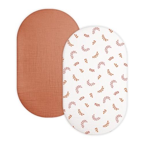 Bassinet Sheet for Baby Boy and Girl 2 Pack, Fitted Sheets for Rectangle, Oval, Hourglass Bassinet Mattress, Muslin Moses Basket Sheets with Neutral Style (Brick & Leaf)