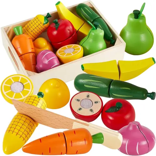 HERSITY Wooden Play Food for Toddlers 2 Year Cutting Fruits Vegetables Toys