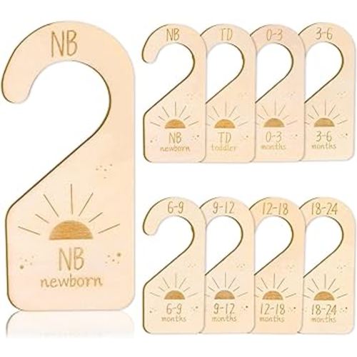 Whaline 8Pcs Baby Closet Size Dividers Wooden Baby Wardrobe Hanger Organizer Boho Sun Design Hanging Wooden Newborn to 24 Months for Home Nursery Baby Clothes Decor