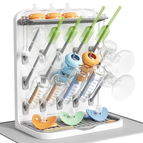 Lifewit Large Baby Bottle Drying Rack with Drain Mat & 15 Hooks, Newborn Essentials Must Haves, Countertop Holder Organizer for Baby Stuff, Rack Dryer for Pacifiers, Weighted Straws, Pump Parts