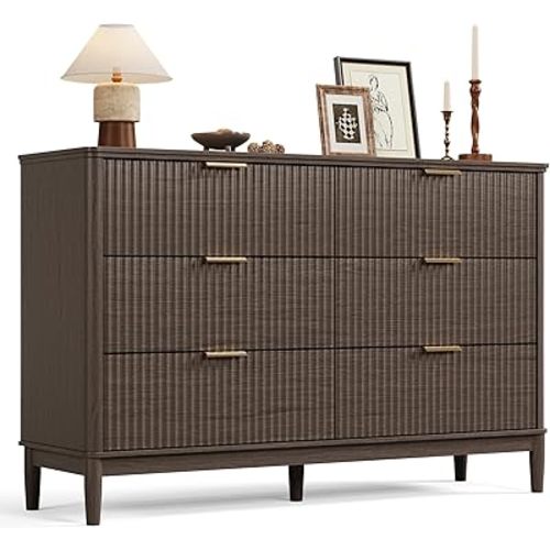 LINSY Fluted Dresser for Bedroom with 6 Drawers, Mid Century Modern Chest of Drawers with Gold Metal Handles, Wide Boho Wood Dressers, Large Farmhouse Storage Cabinet for Bedroom, Living Room, Walnut