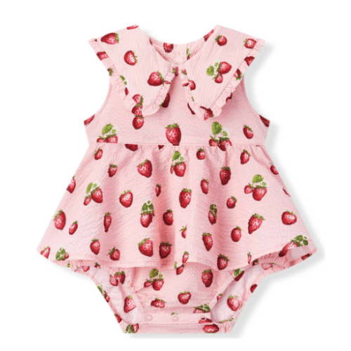 6-12M Strawberry Ruffle Collar One Piece Dress - Milkbarn Kids Dresses | Maisonette