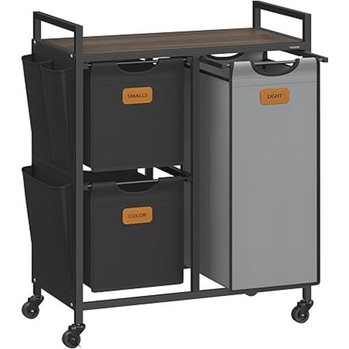 VASAGLE Laundry Hamper with 3 Compartments, 26.4 Gal. (100 L) Laundry Sorter, Rolling Laundry Cart with Shelves, Small Side Pockets, 6 Labels, Chestnut Brown, Ink Black and Dove Gray UBLH202B01