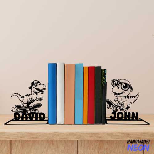 Custom Dinosaur Skateboarding Metal Bookends, Cute Dinosaur Name Bookend, Table Sign, Bookshelf Home Decor, Book Lover Gift, Christmas Gift