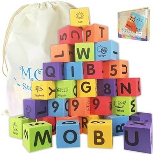 MOBU Foam Building Blocks for Toddlers,30 pcs 2-inch Alphabet Letters Number Blocks with Storage Bag, Learning ABC, 123 Stacking Blocks for Kids