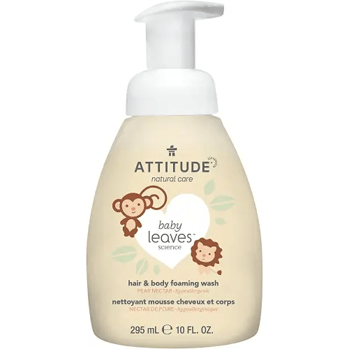ATTITUDE 2-in-1 Natural Hair and Body Foaming Wash for Baby, EWG Verified Shampoo, Hypoallergenic Bath Soap, Pear Nectar, 10 Fl. Oz.