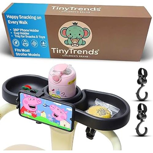 Universal Stroller Snack Tray with 360° Rotating Phone Holder – Dual Compartments & Cup Holder – Fits Uppababy, Chicco, Nuna – BPA-Free, Easy to Clean – Bonus Hooks Included