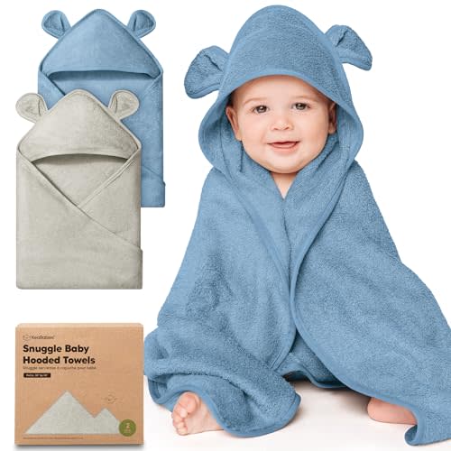 KeaBabies 2-Pack Hooded Baby Towels for Newborn - 30x30 Soft & Absorbent Viscose from Bamboo Baby Bath Towels with Hood for Infant, Toddler,Kids,Boys Girls,Newborn Bath Essentials (Steel, Petite)