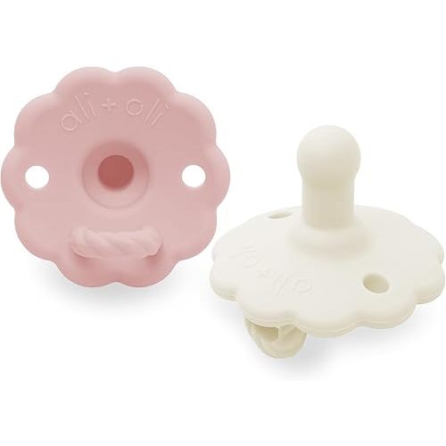 Ali+Oli Pacifier for Baby (2-pk) Set Daisy Flower Scallop (Pink-White) Concaved Shield Newborn Pacifiers, BPA-Free Silicone Baby Pacifier Set, Baby Binkies, Chupones para Bebes