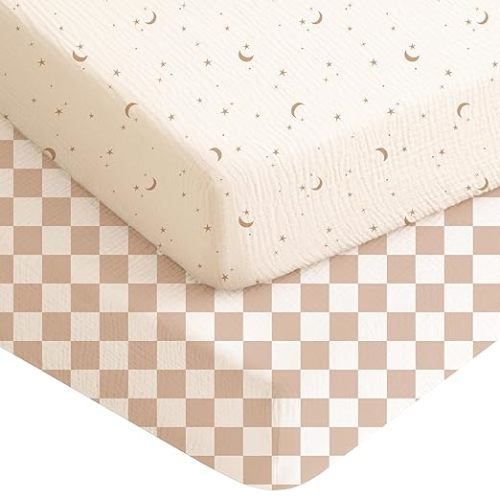 Konssy Muslin Crib Sheets for Boys, Soft Cotton Neutral Baby Sheets for Standard Crib Mattress 2 Pack, 52"x28" (Coffee Check,Moon)