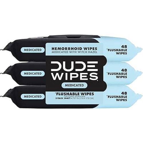 DUDE Wipes Medicated Hemorrhoid Flushable Wipes, Witch Hazel, 144 Count