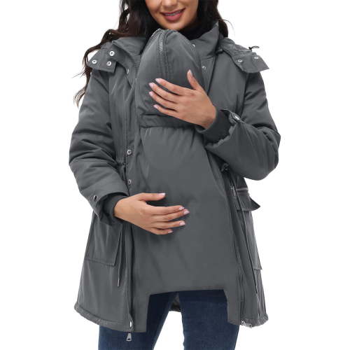 Mifsaly Maternity 3 In 1 Winter Coat Women Thicken Warm Zip Up Hooded Quilted Jackets Pregnant Thermal Fleece Lined Padded Coats Cold Weather Outerwear Parka with Pockets