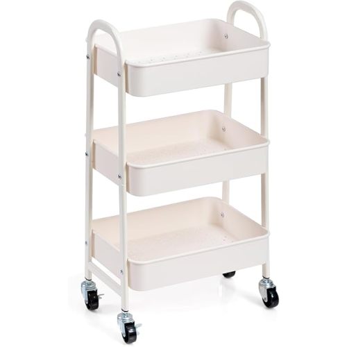AGTEK 3-Tier Rolling Carts with Wheels, Rolling Utility Cart with Iron Frame for Kitchen, Plastic Shelves, Living Room, Office, White