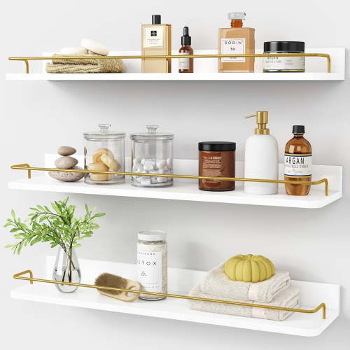 24 Inch Bathroom Floating Shelves for Wall Set of 3, Gold Bathroom Shelves Over Toilet Wall Mounted with Rail, Decorative Hanging Shelf for Bedroom Office Living Room Decor (White and Gold)