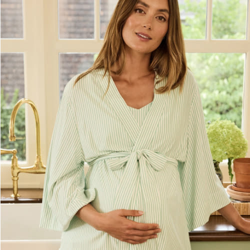 LAKE | Women | DreamModal™ Pajamas | Parisian Green Pencil Stripe Maternity Kimono Bundle