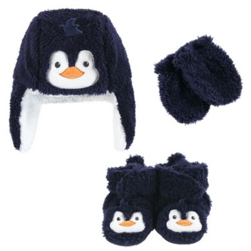 Hudson Baby Infant Boys Trapper Hat, Mitten and Bootie Set, Navy Penguin, 0-6 Months
