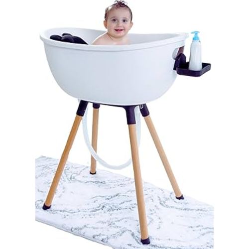 Luxury Baby Bathtub with Wooden Stand – 3-Stage Convertible, Ergonomic & Back-Saving Design