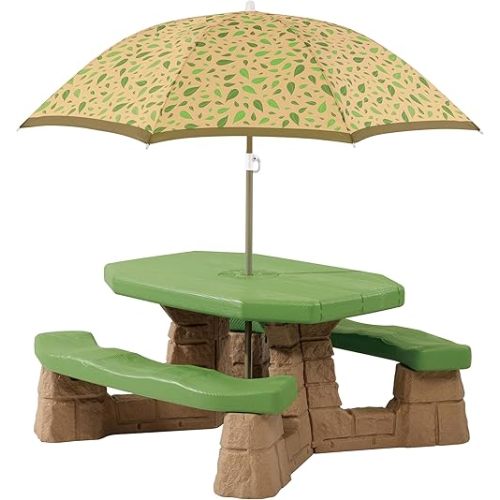 Step2 Naturally Playful Kids Picnic Table with Removeable Umbrella, Indoor/Outdoor Toys, Fits 6 Children, Made of Durable Plastic, For Toddlers 3+ Years Old, Green & Leaves
