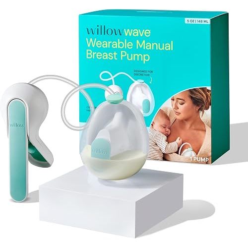 Willow Wave - Wearable Manual Breast Pump - Fits Fully in Bra - Ergonomic Handle - 24mm Soft Silicone Flange - Wearable Breastfeeding Pump - Hospital Grade Suction - Postpartum Essentials - Holds 5oz