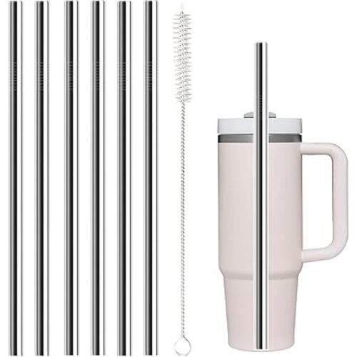 Stainless Steel Straw Replacement for Stanley 40 oz 30 oz,6 PCS Straight Reusable Metal Straws with Cleaning Brush, Compatible for 40oz Stanley Cup Tumbler