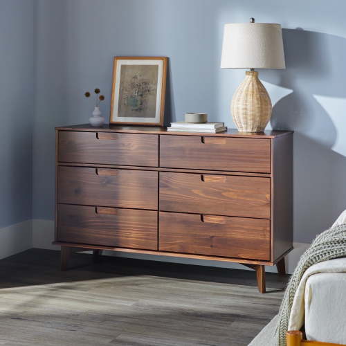 Walker Edison Walnut 6-Drawer Solid Wood Dresser, Mid-Century Style, With Large Storage