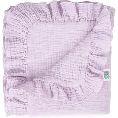 lulumoon Muslin Ruffle Baby Blanket - Soft Breathable 100% Cotton Newborn Wrap for Stroller Travel & Car Seat - Ideal for Photography & Nursery Decoration 40"x36"(Purple)