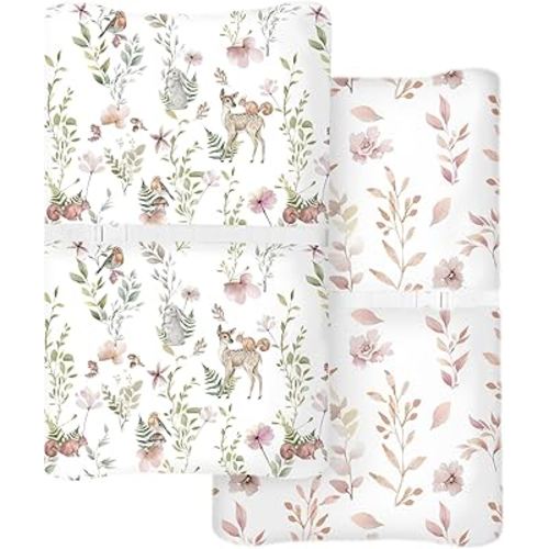 Changing Pad Cover for Baby Boys Girls 2 Pack, Fits Standard 32”×16” Changing Table Pads, Silky Breathable Stretch Knit, Machine Washable (Floral Fawn)