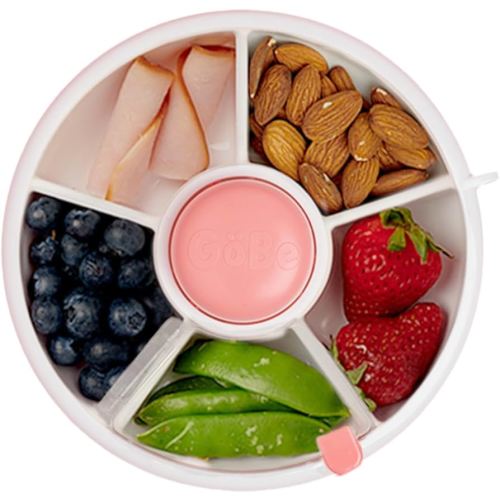 GoBe Kids Small Snack Spinner Flip Bundle with Hand Strap and Sticker Sheet - Reusable Snack Container with 5 Compartment Dispenser and Lid | BPA/PVC Free | Dishwasher Safe | No Spill - Coral Pink